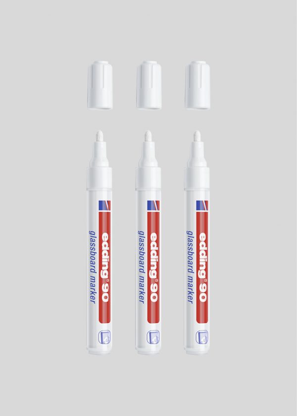 3 Stk hvid Edding 90 glastavle tusch med 2-3 mm spids.