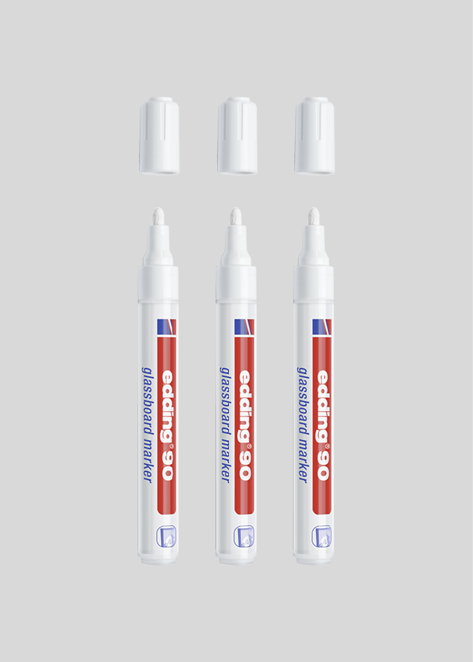 3 Stk hvid Edding 90 glastavle tusch med 2-3 mm spids.